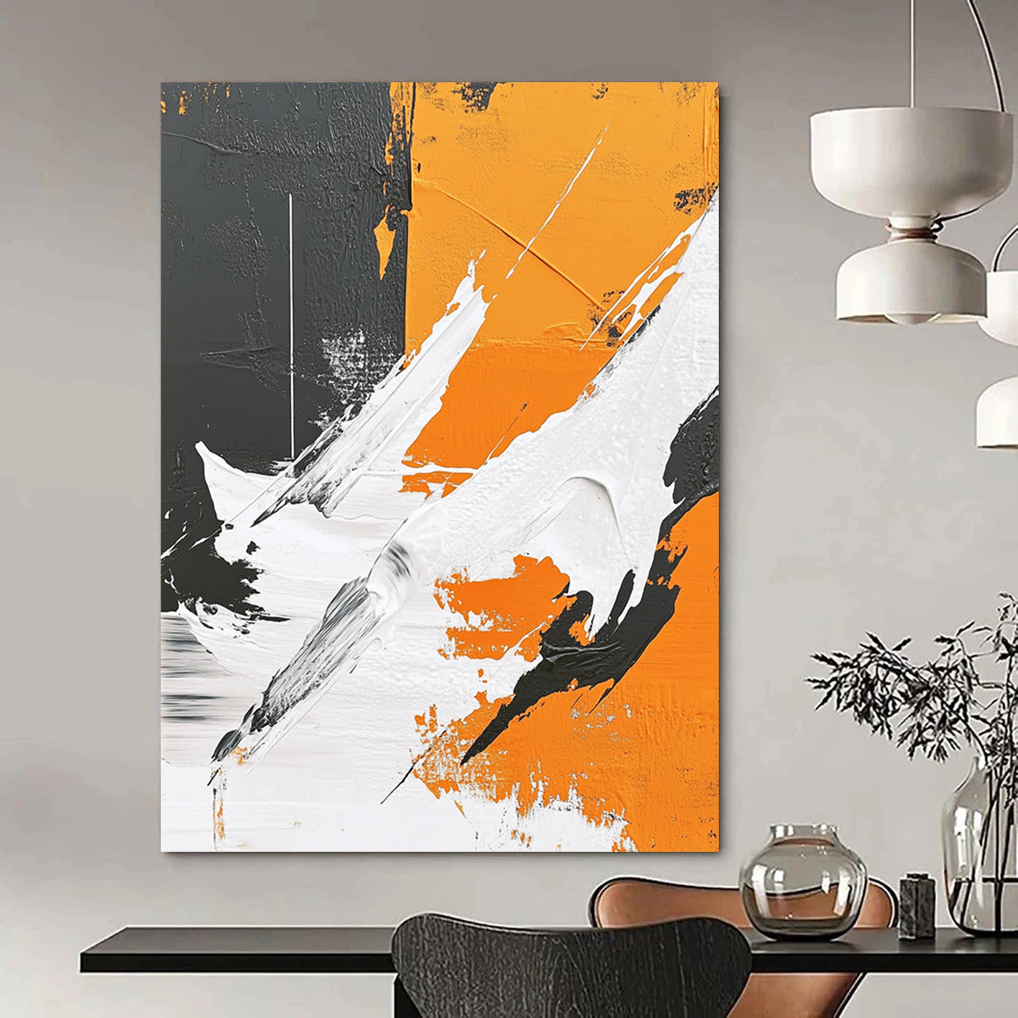 Contemporary hand-painted abstract art featuring thick brushstrokes, geometric elements, and a polar bear silhouette against a gray background with vibrant orange and white details. DLZ0653
