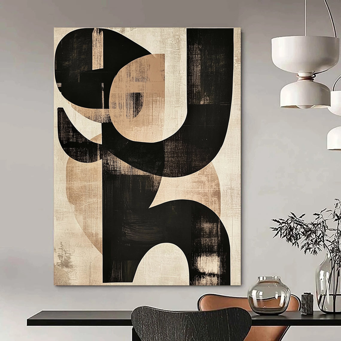 Large contemporary hand-painted abstract art featuring black and beige shapes with prominent S letters on textured paper. DLZ0295