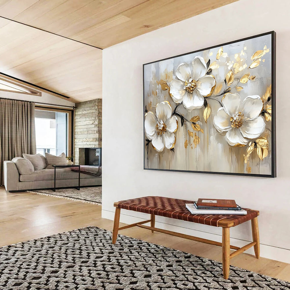 “White Flowers with Gold Edges on Beige” - White, Gold, Beige, White flowers with gold edges on beige - Impasto Oil Painting HB1787