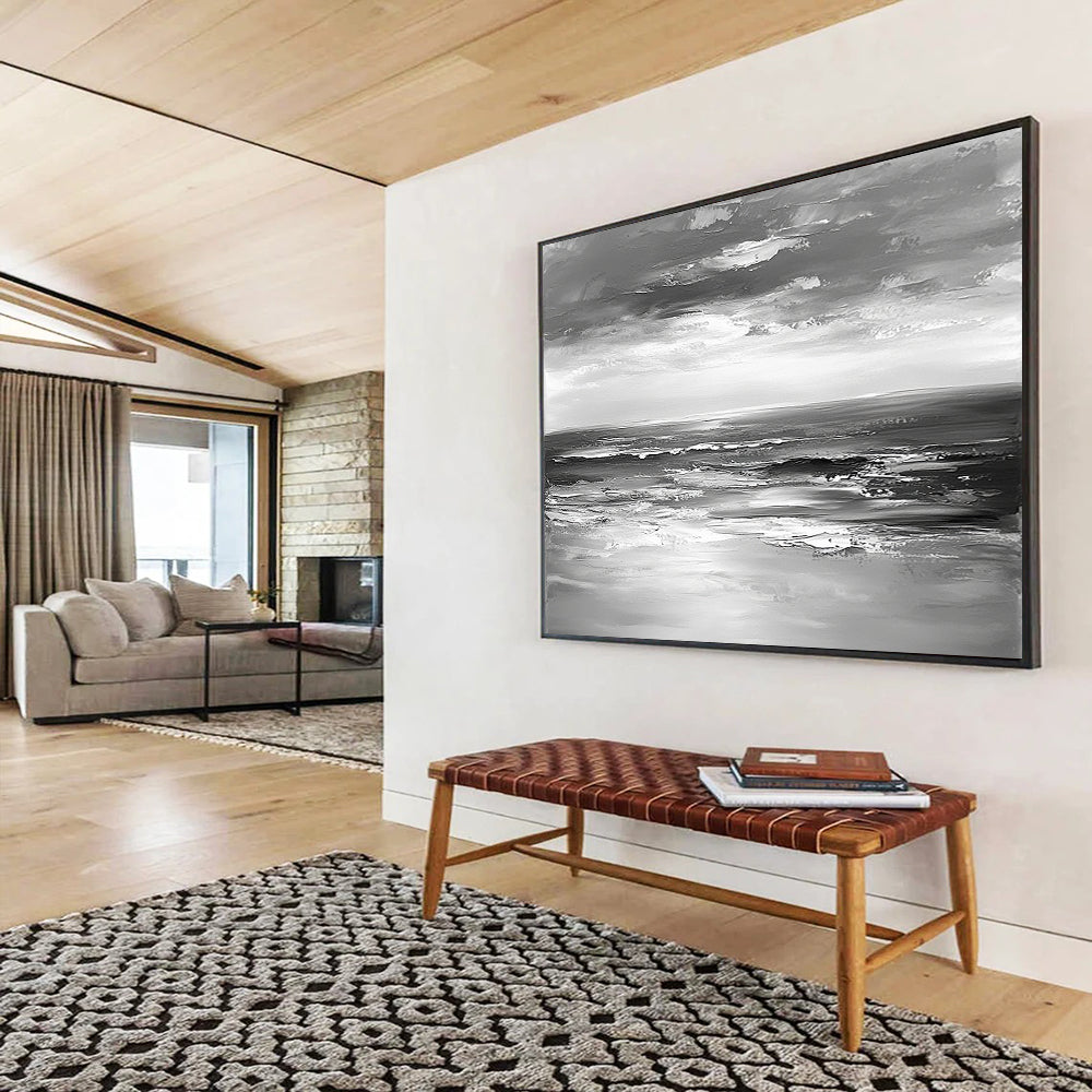 “Impasto Sea Waves in Gray” - Gray, White, Textured Sea Waves Painting On Canvas HB0801