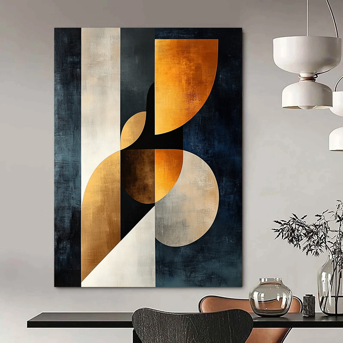Modern abstract painting featuring elegant female form in dark blue beige and white with golden accents showcasing harmony of curves and geometric shapes. DLZ1370