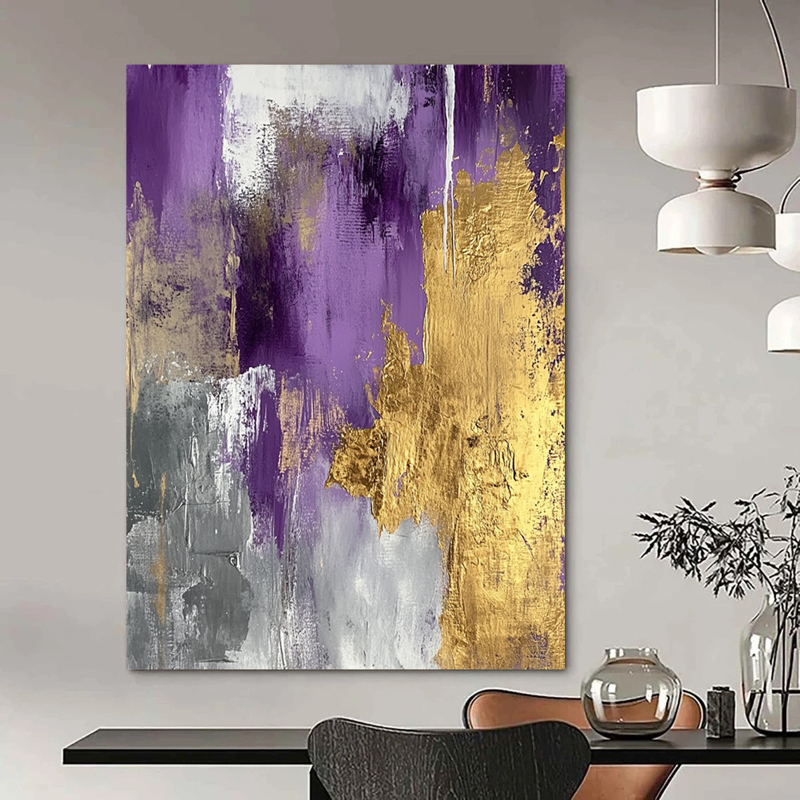 Contemporary hand-painted abstract art features gold and silver foil on a lilac palette, creating elegance and serene sophistication with metallic accents. DLZ0275