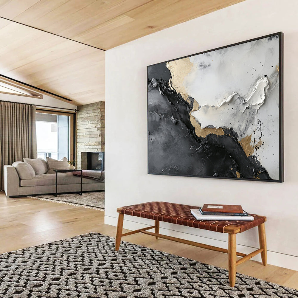 Textured Gray, Black, and Gold Abstract - Luxe Impasto Painting On Canvas HB0494
