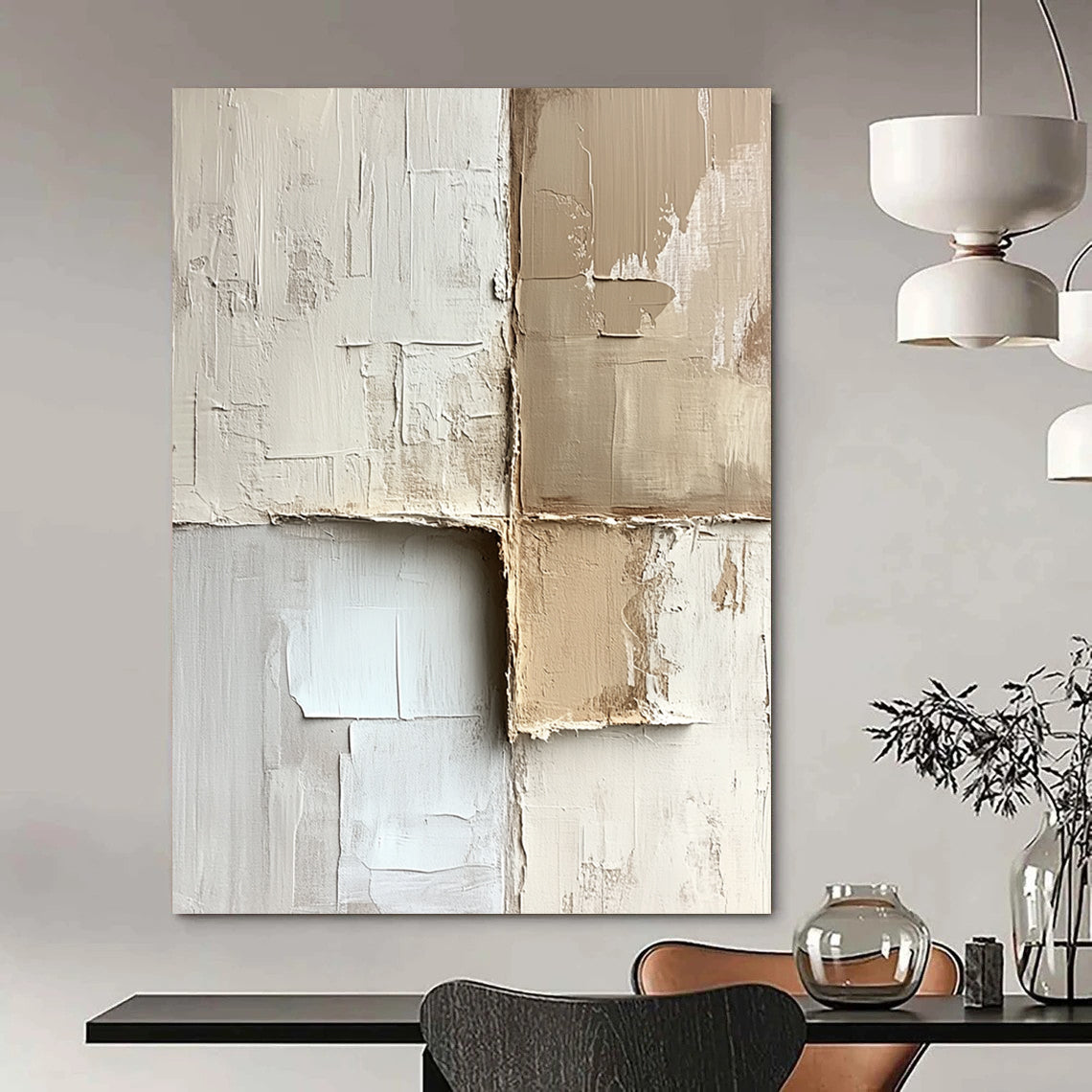 Contemporary hand-painted abstract artwork with textured beige and white blocks showcasing minimalism and neutral tones on canvas. DLZ0286