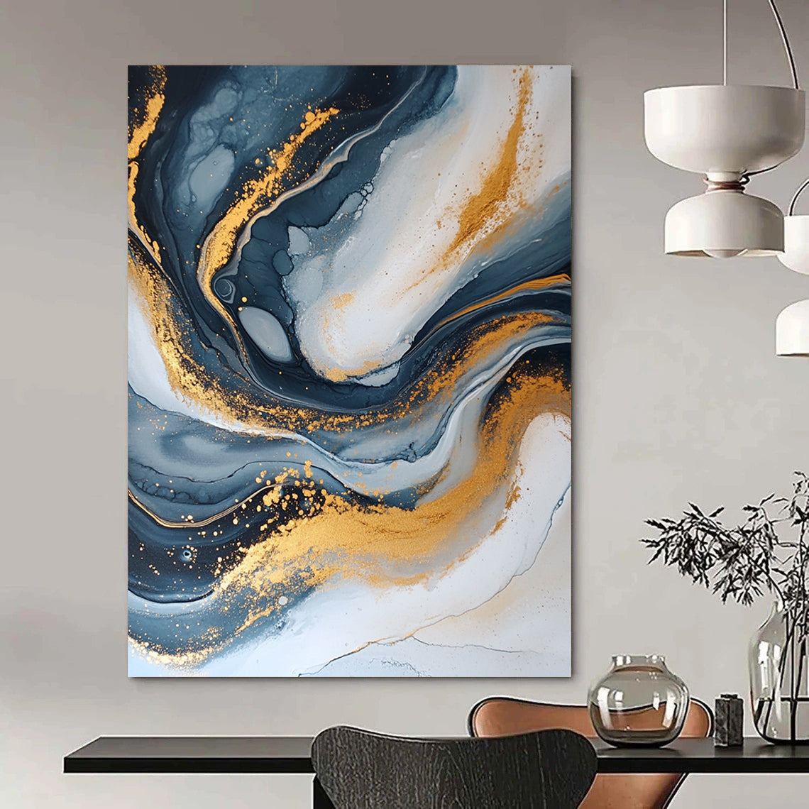 Contemporary hand-painted abstract artwork features dark blue and gold with a crackle effect elegant swirling patterns and glitter accents create depth and beauty. DLZ0329