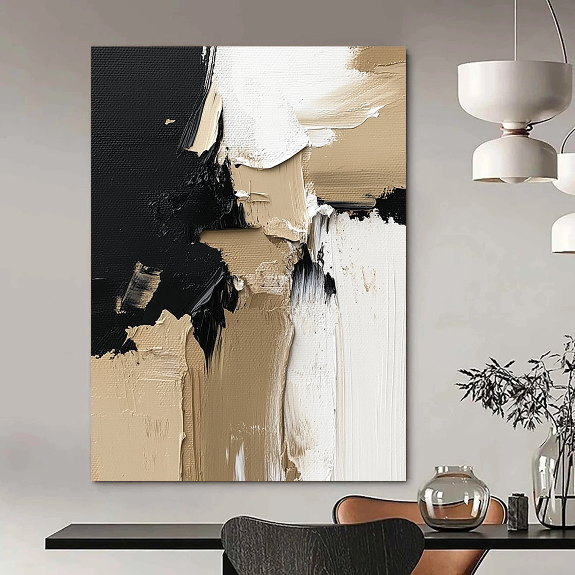 Contemporary hand-painted abstract artwork featuring a striking blend of black, white, and beige textures perfect for enhancing wall aesthetics. DLZ0321