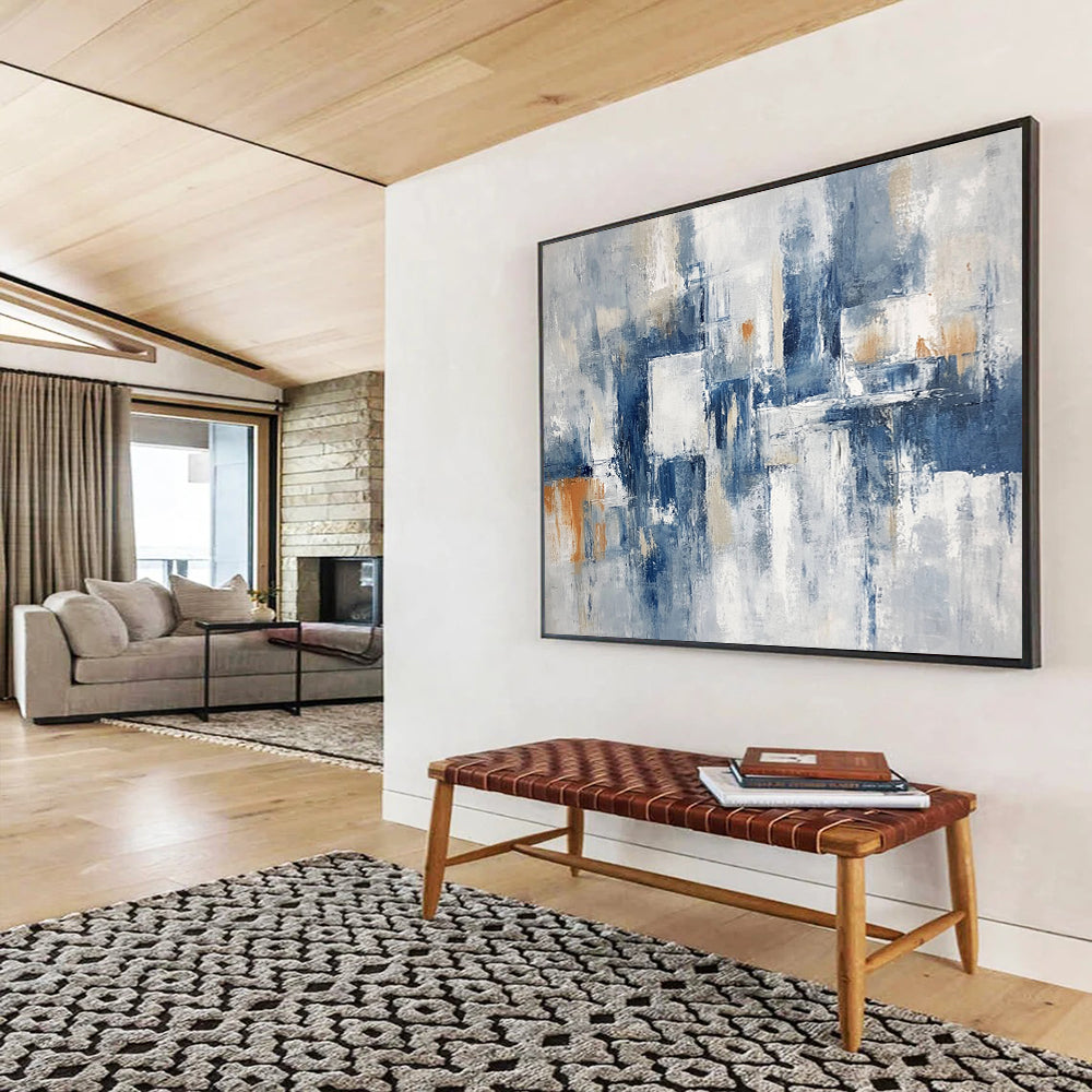 “Gray - Blue Abstract with Orange Accents” - Gray, Blue, White, Orange, Abstract Shapes Painting On Canvas HB0834