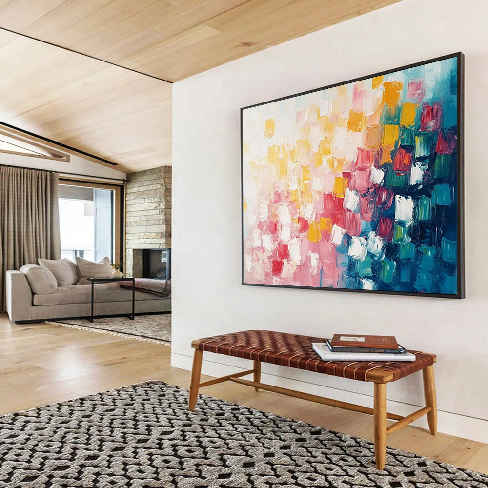 “Dynamic Square Composition” - Pink, Red, Yellow, Blue, White - Energetic Square Abstract - Acrylic Painting HB1321