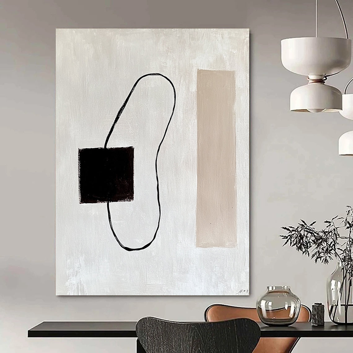 Contemporary abstract painting featuring a dark brown electrical wire on a white background with minimalist lines and a beige rectangle inspired by Matisse. DLZ1316