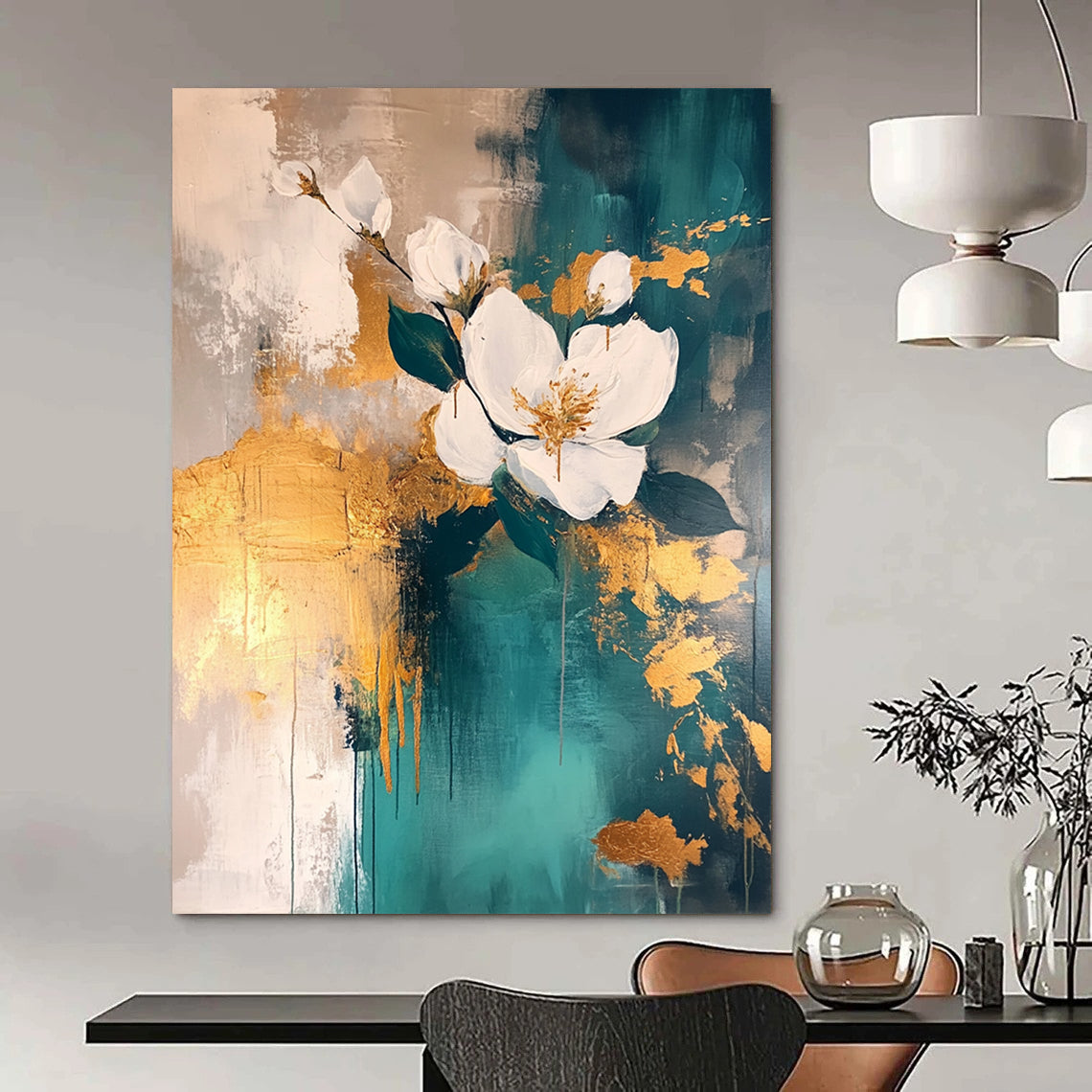 Contemporary abstract painting featuring atmospheric gold leaf accents with teal and white tones and layered flowers on a neutral background. DLZ0502