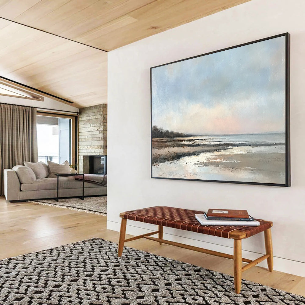 “Serene Coastal Shore” - Blues, Browns, Whites, Beach Scene - Realist Oil Painting HB1594