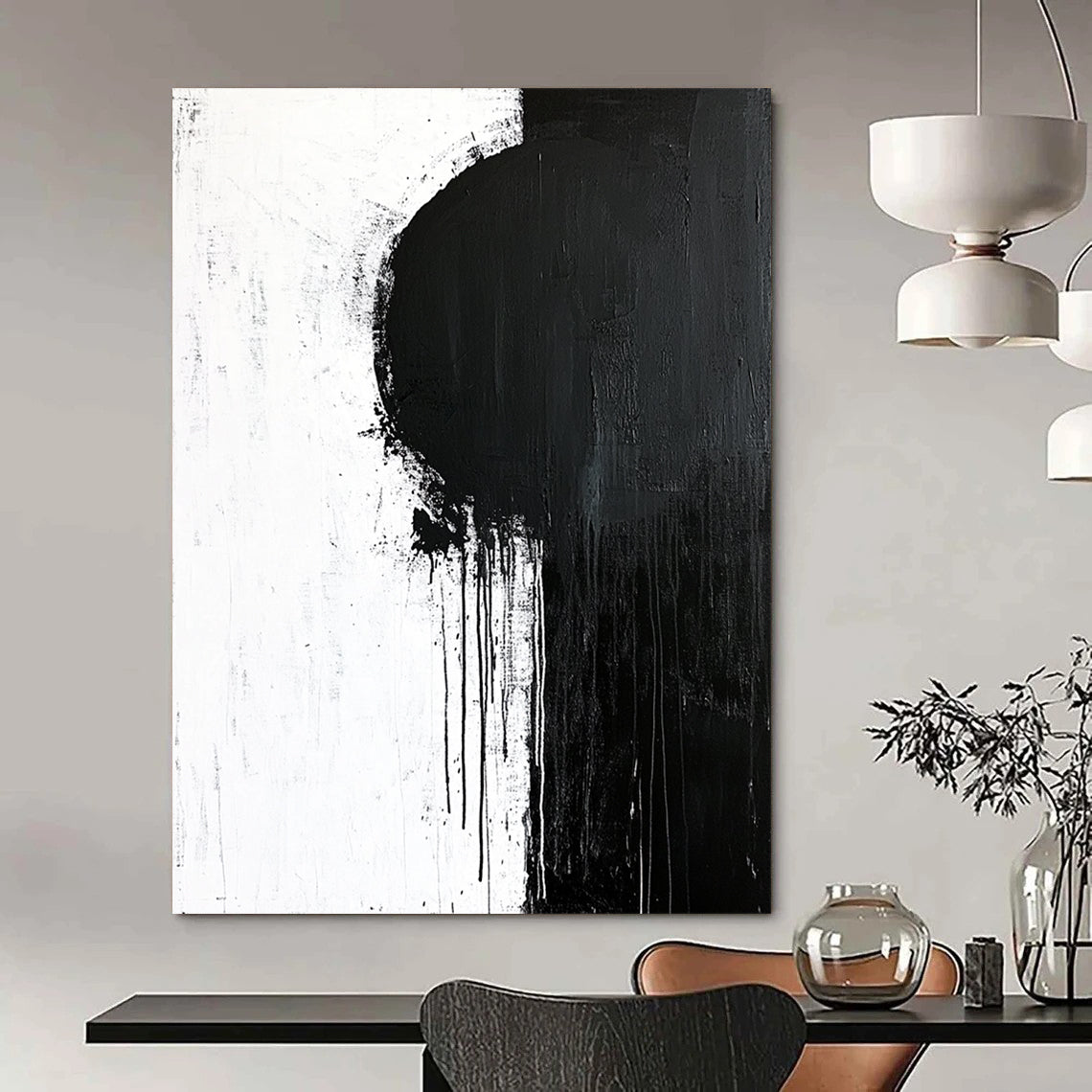 Contemporary hand-painted abstract art featuring bold brush strokes, minimalistic design, dynamic shapes, and unique paint drips on a textured canvas backdrop. DLZ0300