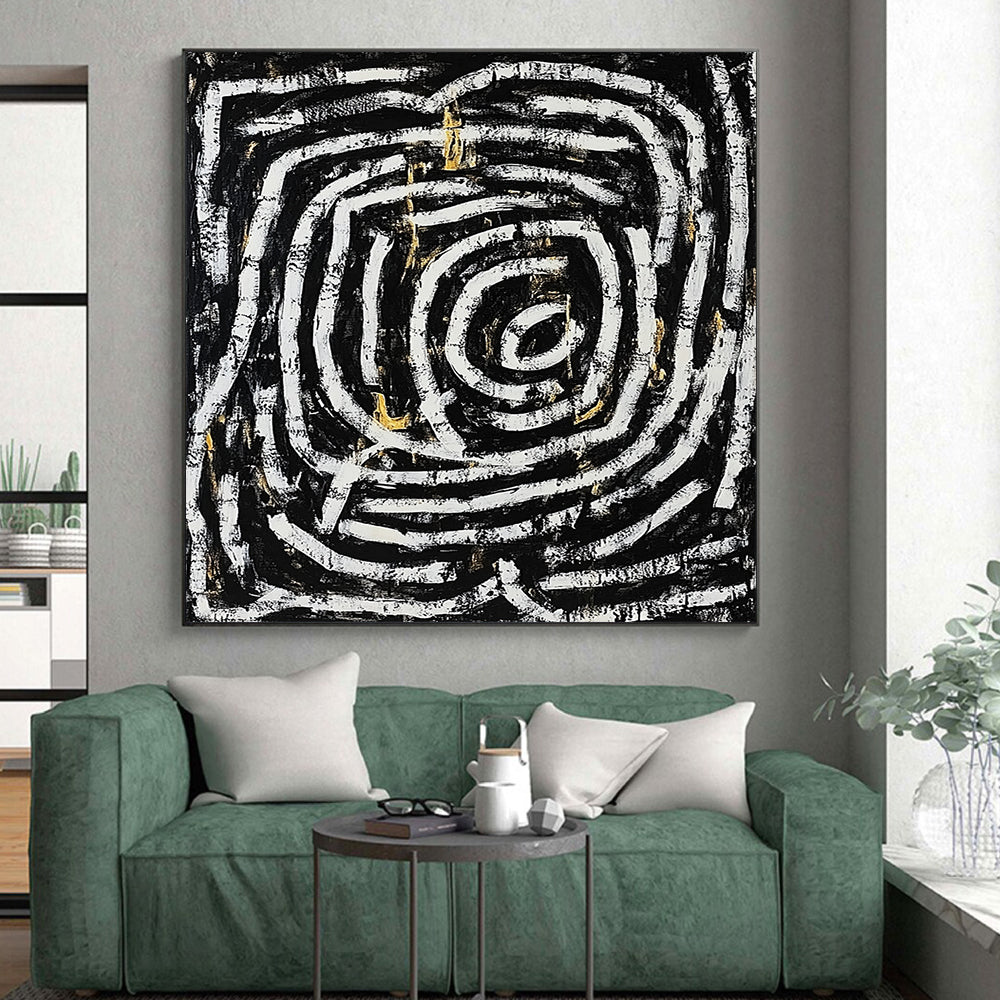 Black, White, Gold and Gray Spiral Maze "Endless Journey" Painting On Canvas HB344