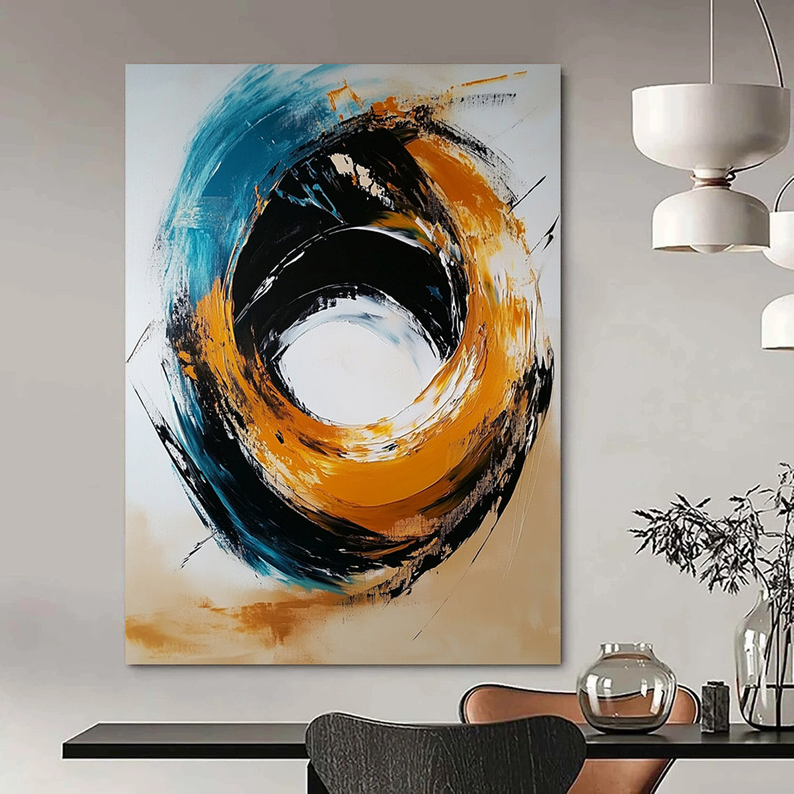 Contemporary hand-painted abstract artwork featuring a black and gold color scheme with a light orange circle and navy blue turquoise swirls against a white background. DLZ0446
