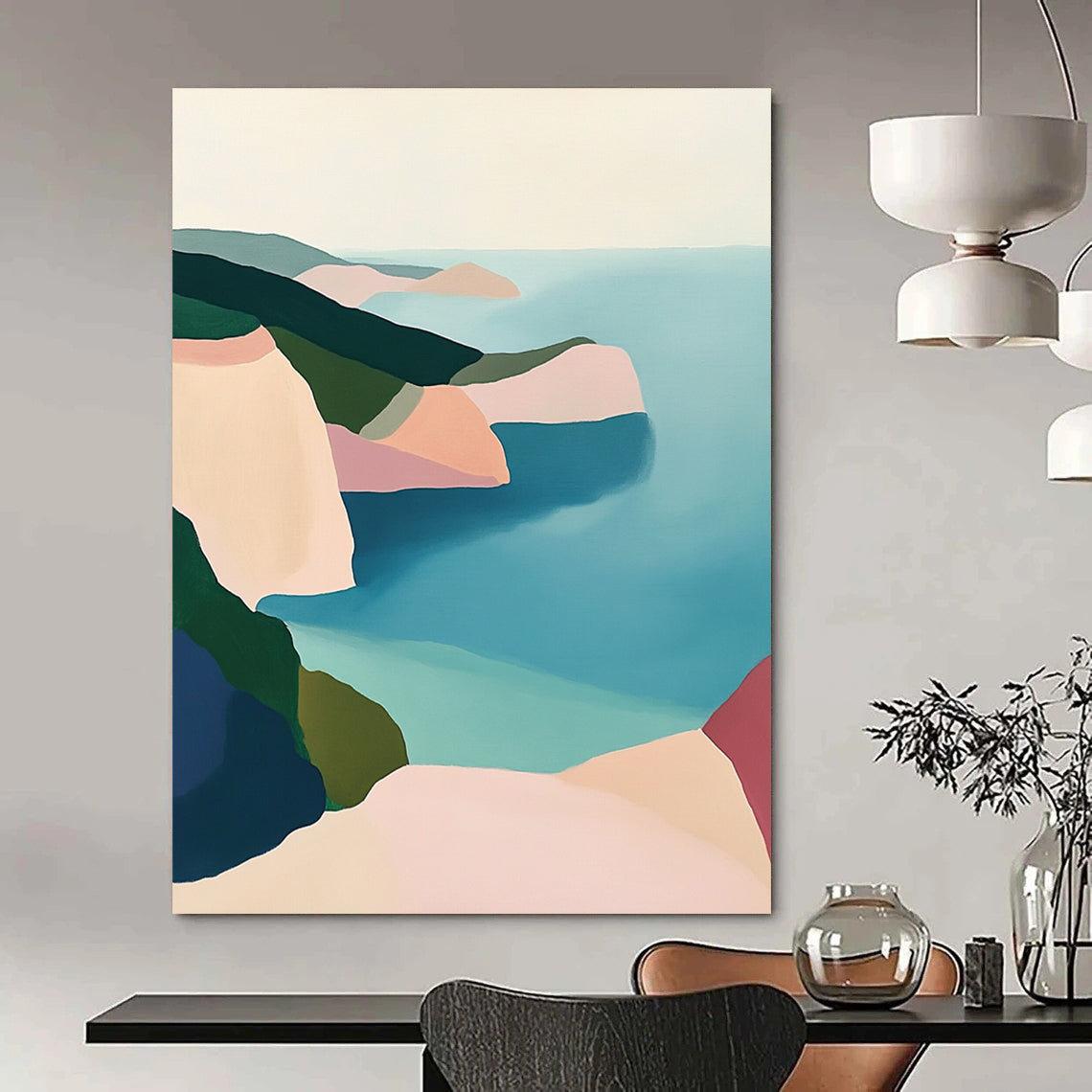 Contemporary abstract artwork featuring a serene coastal landscape with pastel cliffs and a calm sea in soothing green blue and pink tones. DLZ1457
