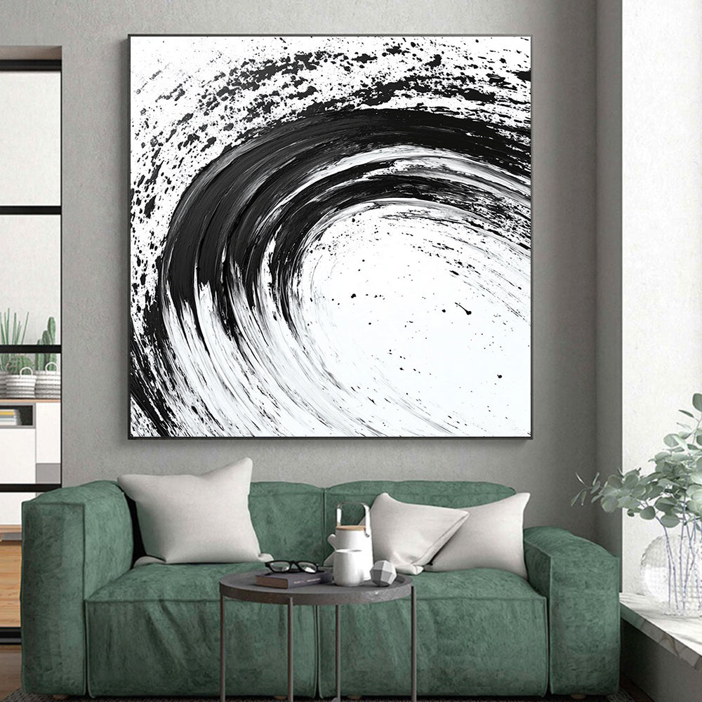Black Curved Brushstrokes on White - “Flowing Ink Rhythm” Painting On Canvas HB216