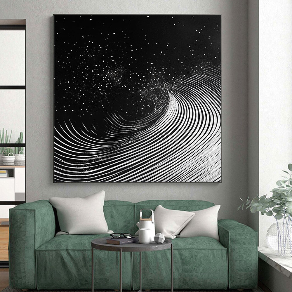 Black & White Swirling Lines & Dots - “Celestial Ink Vortex” Painting On Canvas HB227