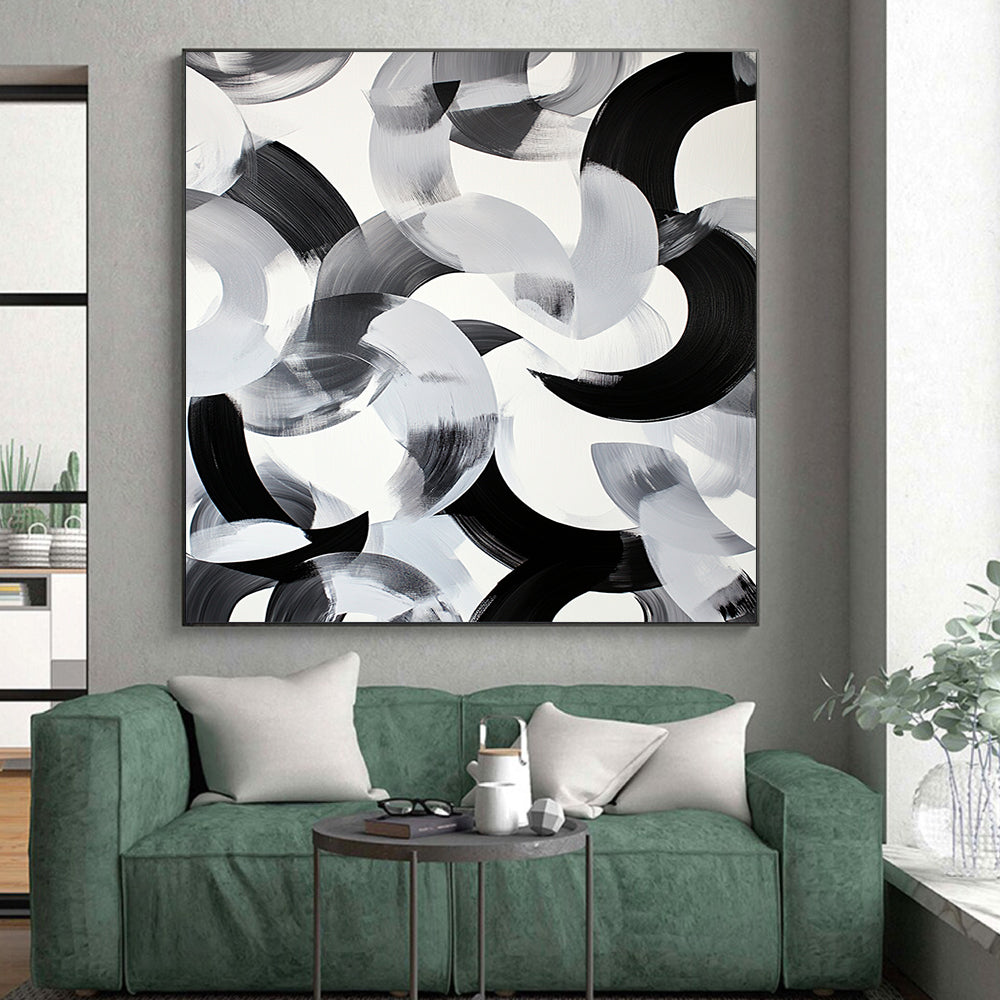 Black & Gray Intertwined Curves - “Fluid Ink Harmony” Painting On Canvas HB239