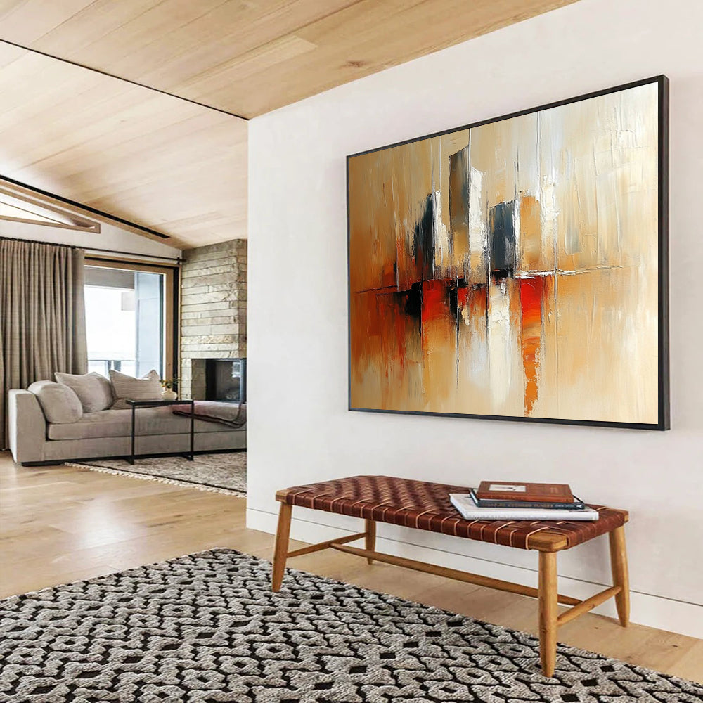 “City Silhouette in Warm Tones” - Beige, Brown, Red, Abstract Cityscape Painting On Canvas HB0966