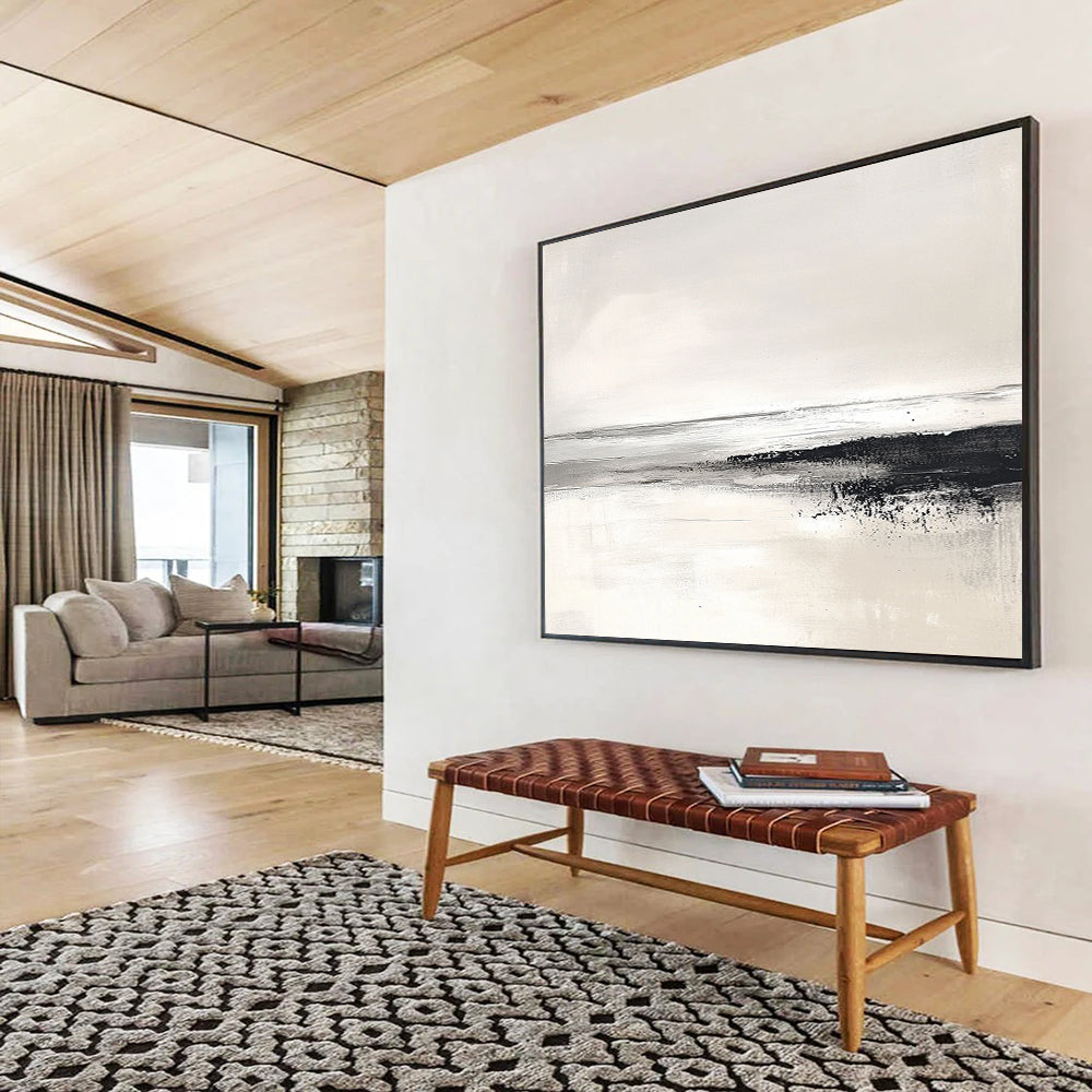 “Monochrome Coastline” - Black, White, Gray, Textured Shore and Calm Sea Painting On Canvas HB0932