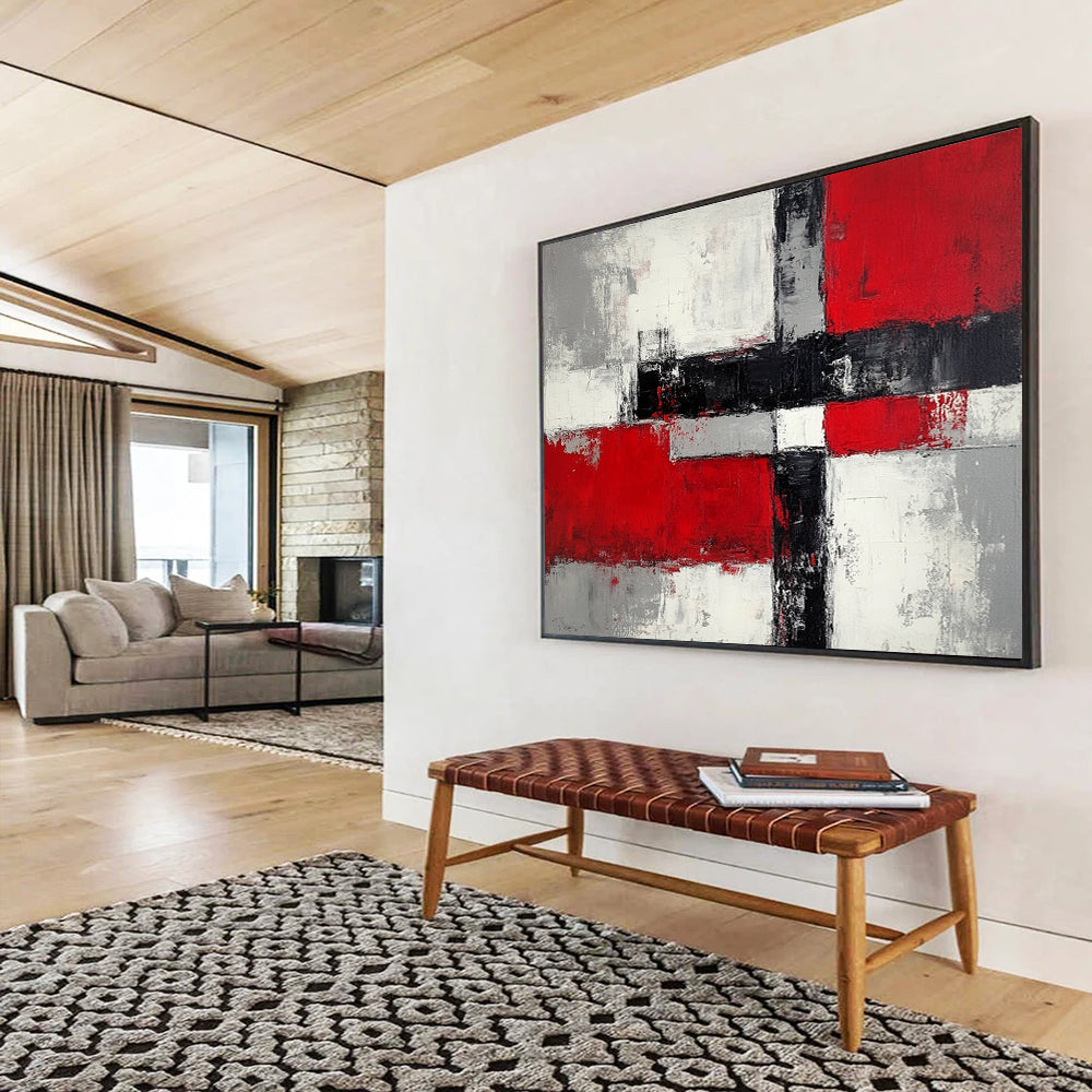 “Geometric Color Blocks” - Reds, grays, whites, blacks; Abstract geometric shapes; Minimalist Abstract Painting On Canvas HB1165