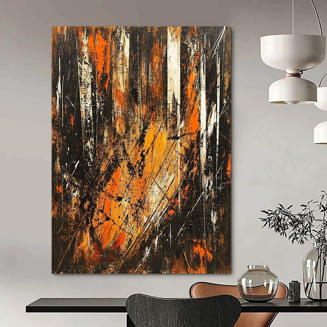 Contemporary hand-painted abstract artwork depicting an energetic forest scene with vibrant brown orange and black tones illuminated by sunlight. DLZ1396