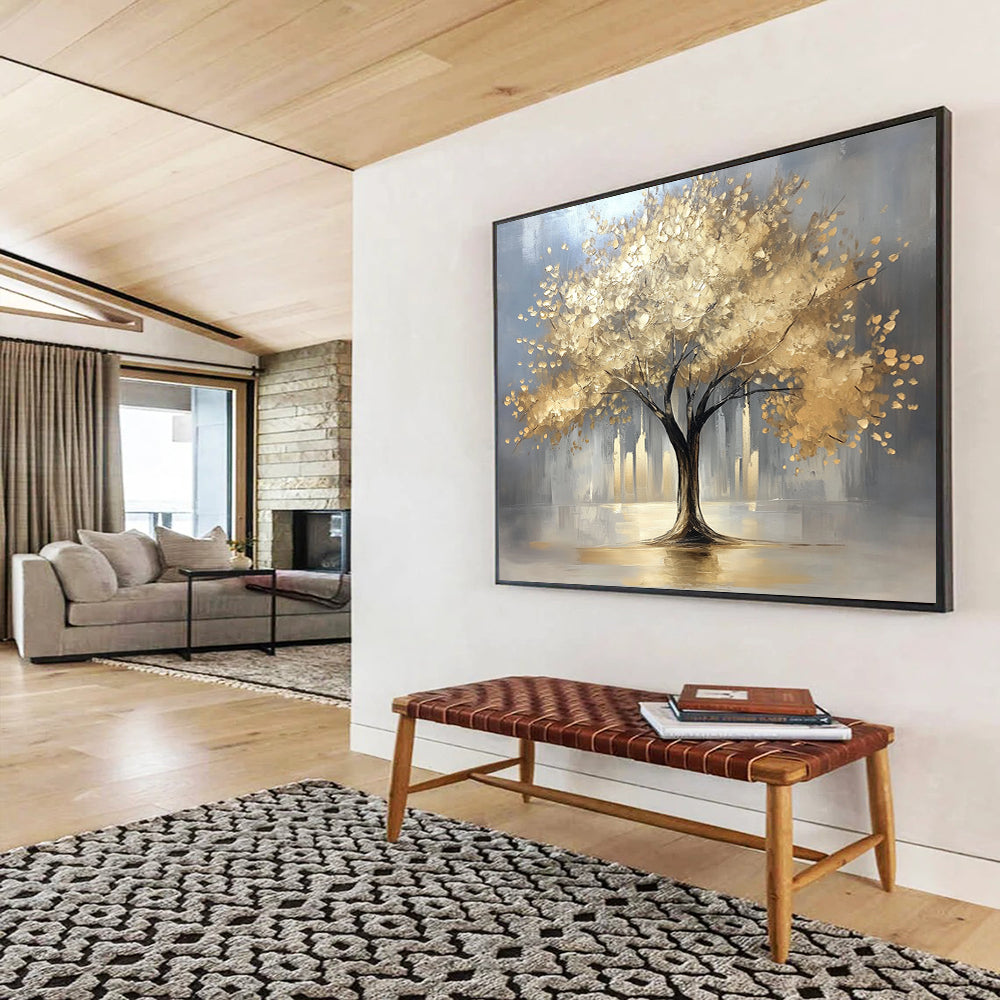 “Golden Tree in City” - Gray background, golden foliage, cityscape, Textured Tree Painting On Canvas HB0592