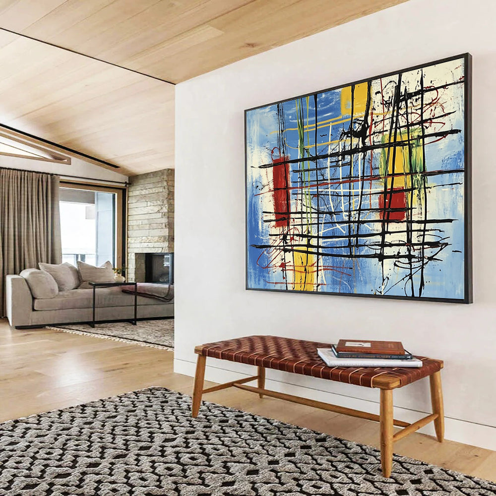“Colorful Abstract Grid” - Blue, yellow, red, green, Abstract Expressionist Painting HB0641