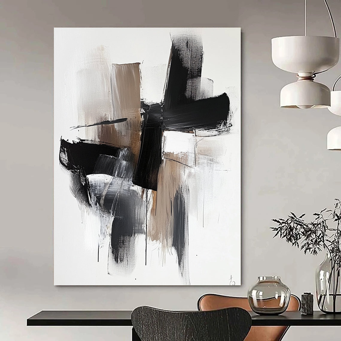 Contemporary hand-painted abstract art features bold black shapes with brown tones and white highlights on a minimalist background for a striking visual impact. DLZ0315