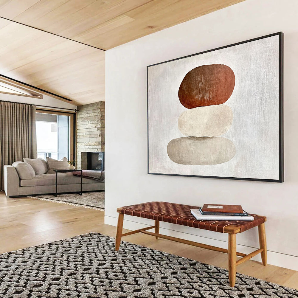 “Stacked Stones in Earth Tones” - Brown, beige, gray stones, Minimalist Still - Life Painting On Canvas HB0606