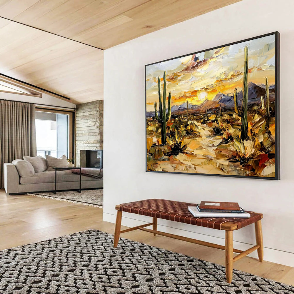 “Desert Sunset with Cacti” - Warm Oranges, Yellows, Greens, Desert Landscape with Cacti - Impasto Oil Painting HB1686