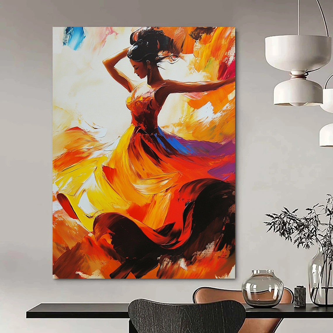 Contemporary abstract painting featuring a flamenco dancer in dynamic motion with a vibrant dress in red yellow and orange shades. DLZ1676
