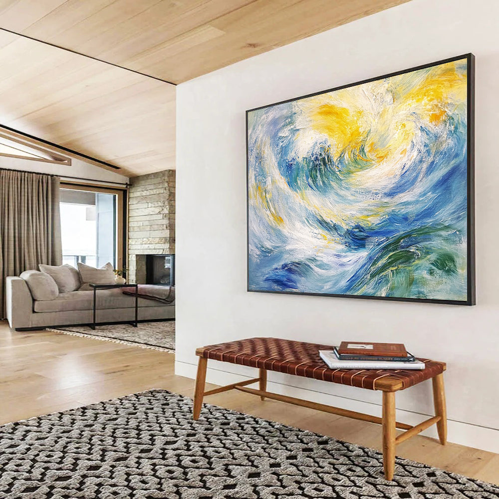 “Swirling Wave Dream” - Blue, yellow, white, green; Fluid strokes mimic ocean waves; Impressionistic Seascape Oil Painting On Canvas HB1173