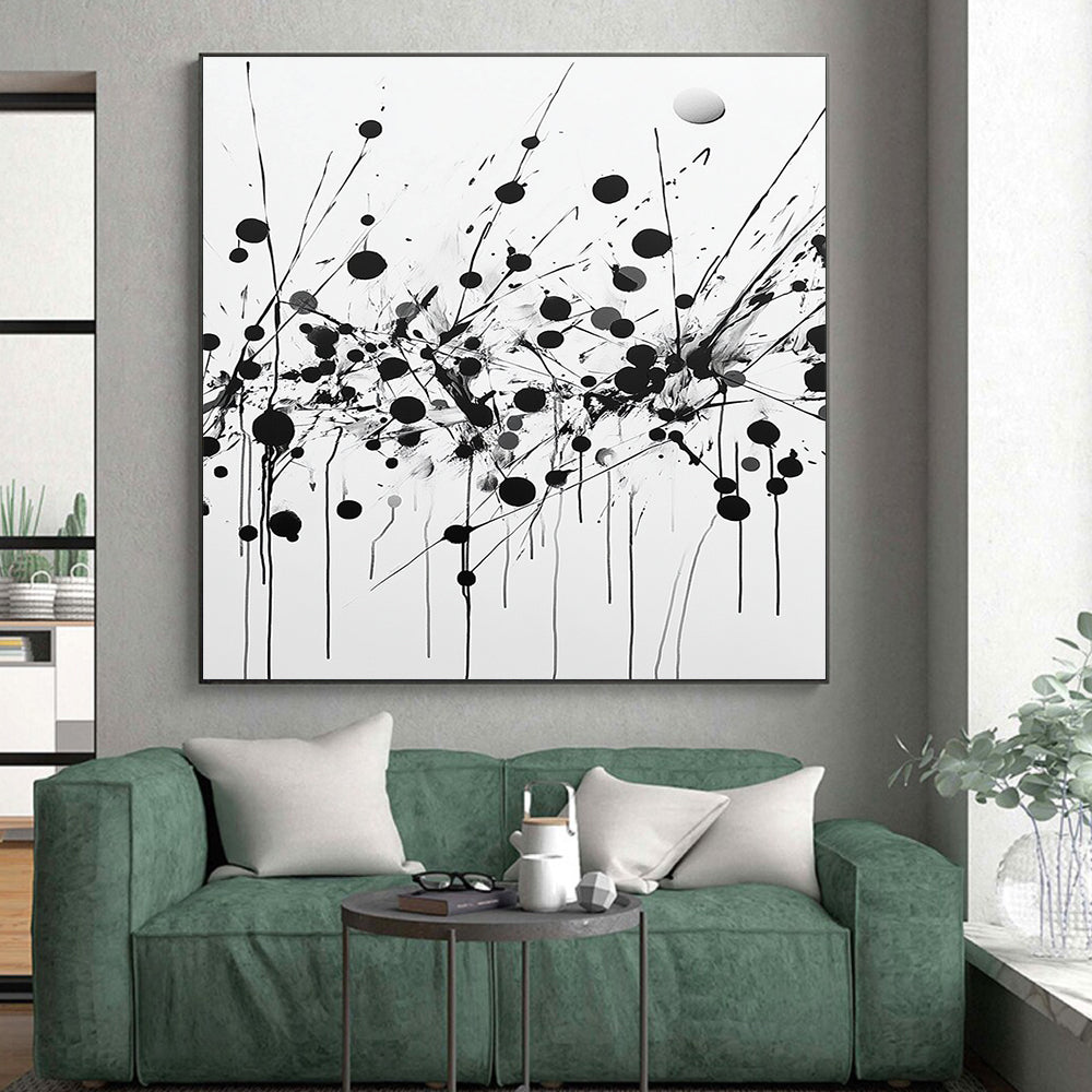 Black Dots, Lines & Splatters on White - “Dynamic Ink Chaos” Painting On Canvas HB224