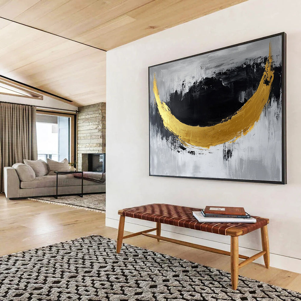 “Golden Crescent” - Gold, Black, Gray, Abstract Moon - Shaped Painting On Canvas HB1044