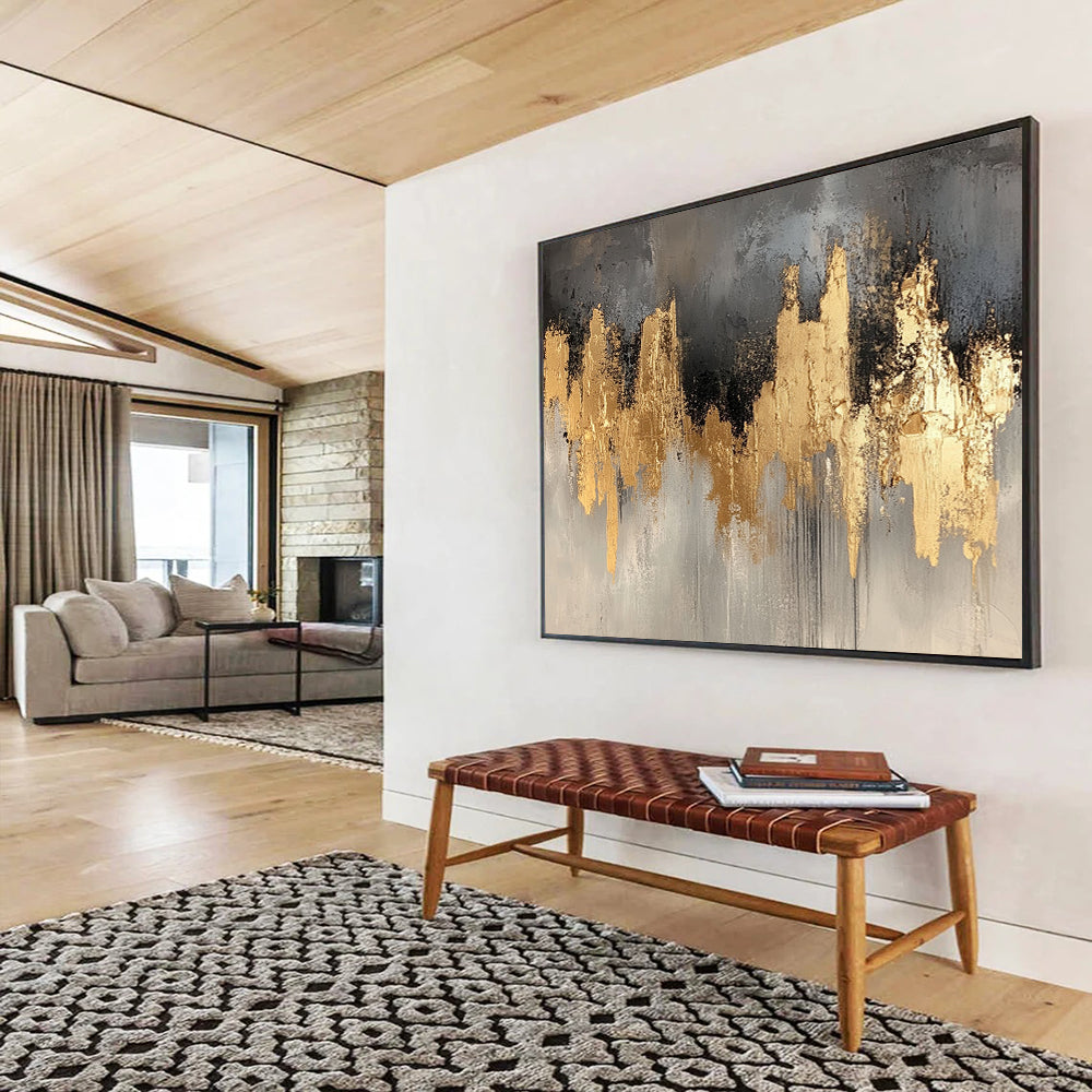 “Gold and Gray Abstract Skyline” - Gray, gold; Abstract skyline with gold accents; Acrylic Painting On Canvas HB1244