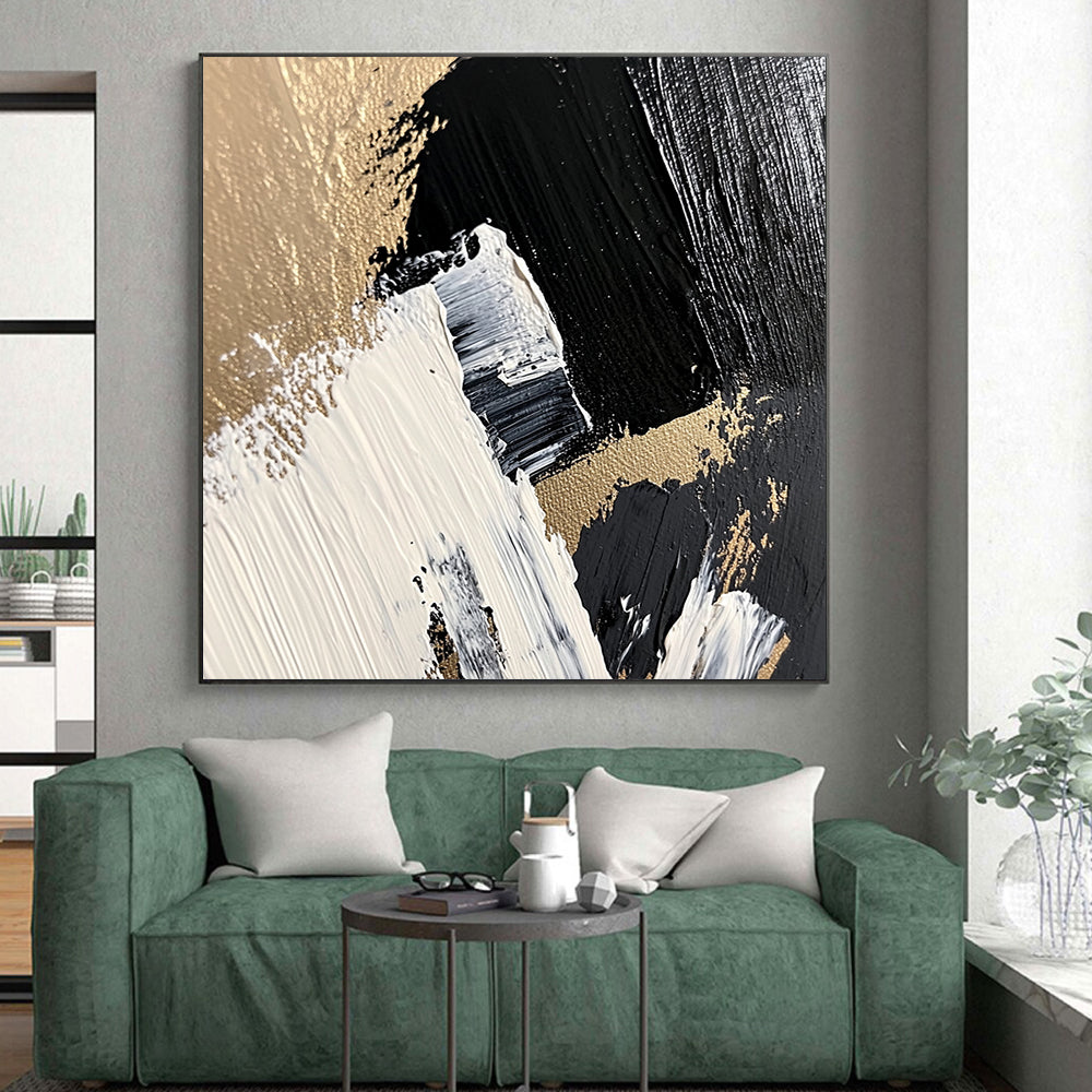 Black, White, Gold, Brush Strokes "Gilded Impasto Energy" Abstract Expressionist Painting On Canvas HB167
