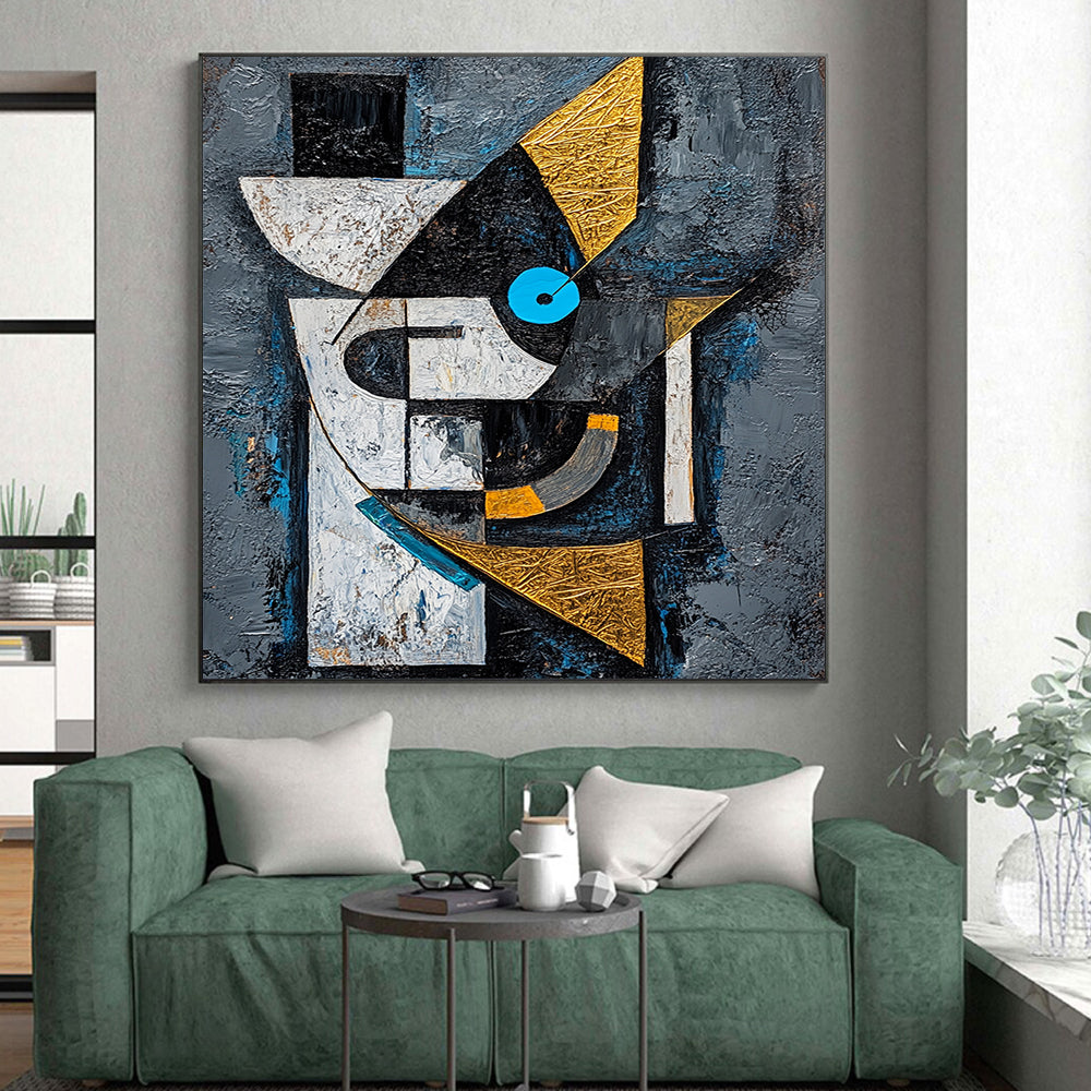 Gray, Black, White, Gold and Blue Cubist - Inspired "Abstract Portrait" Painting On Canvas HB319