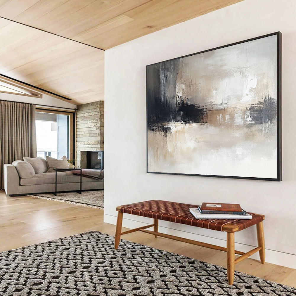“Neutral Textured Horizon” - Gray, Beige, Black, Abstract Landscape Painting On Canvas HB1071