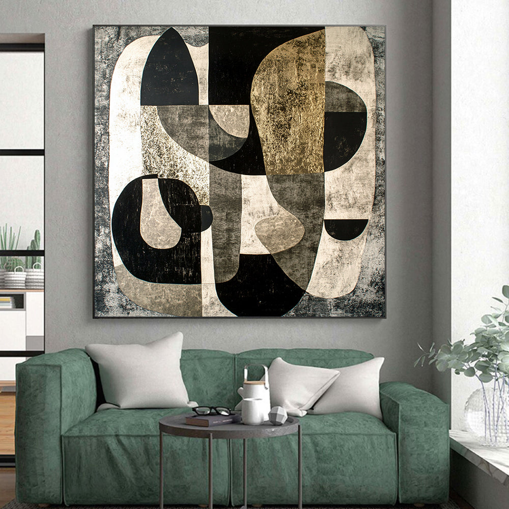 Black, Gray & Gold Abstract Forms - “Gilded Industrial Abstraction” Painting On Canvas HB204