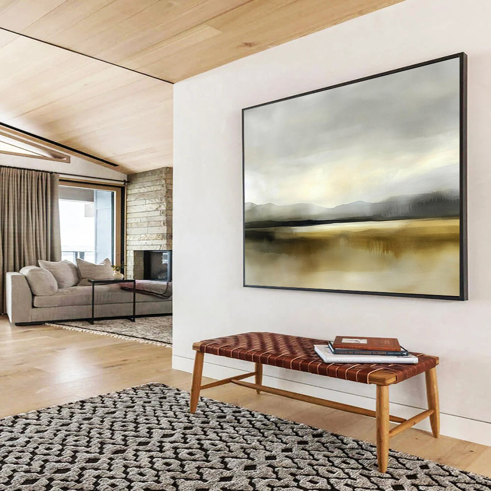 “Misty Mountain Lake” - Gray, Beige, Hazy Peaks and Reflective Water Painting On Canvas HB0927