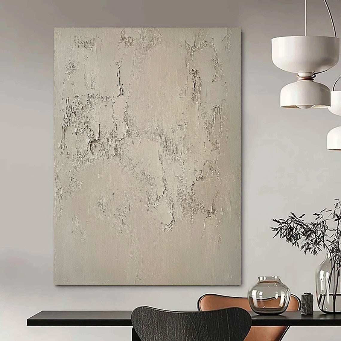 Contemporary hand-painted abstract artwork featuring a textured beige wall with intricate white patterns, capturing the beauty of weathered cement in muted tones. DLZ1115