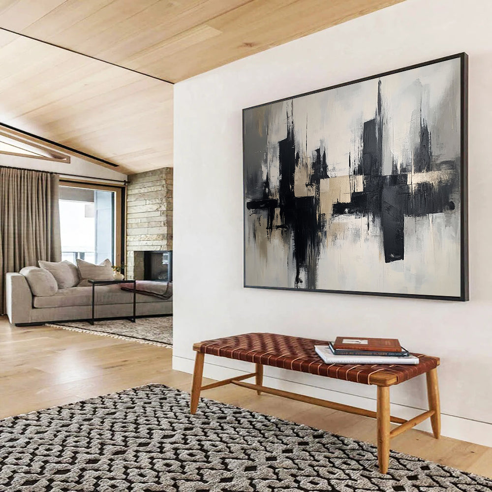 “Monochrome Cityscape Reflection” - Black, Gray, Beige, Abstract Urban Reflections - Abstract Acrylic Painting HB1672