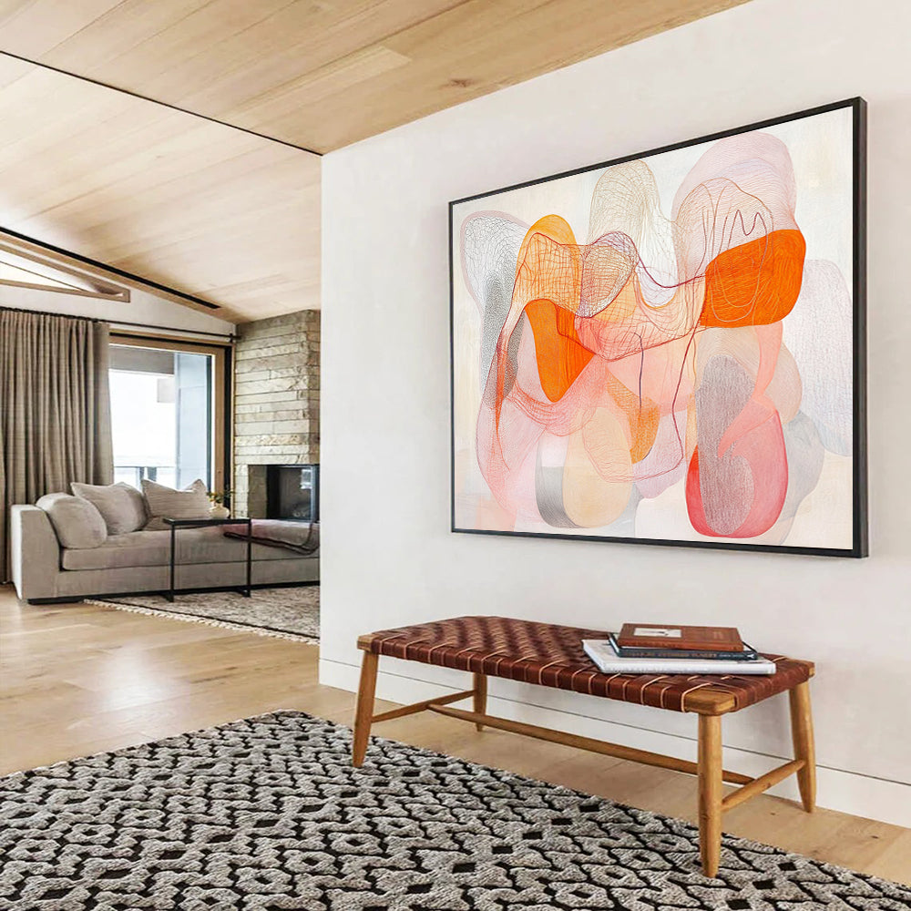 “Colorful Mesh Abstract” - Orange, Pink, Gray with Interwoven Lines - Painting On Canvas HB1367