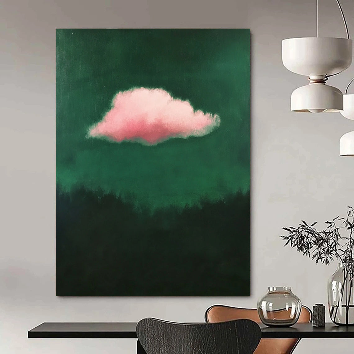 Contemporary minimalist art featuring a single pink cloud against a dark green background exuding low contrast elegance. DLZ1682