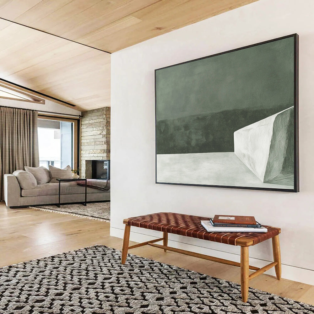“Monochrome Minimalist Block” - Dark green backdrop with a stark white geometric form, Minimalist Abstract Painting On Canvas HB0537