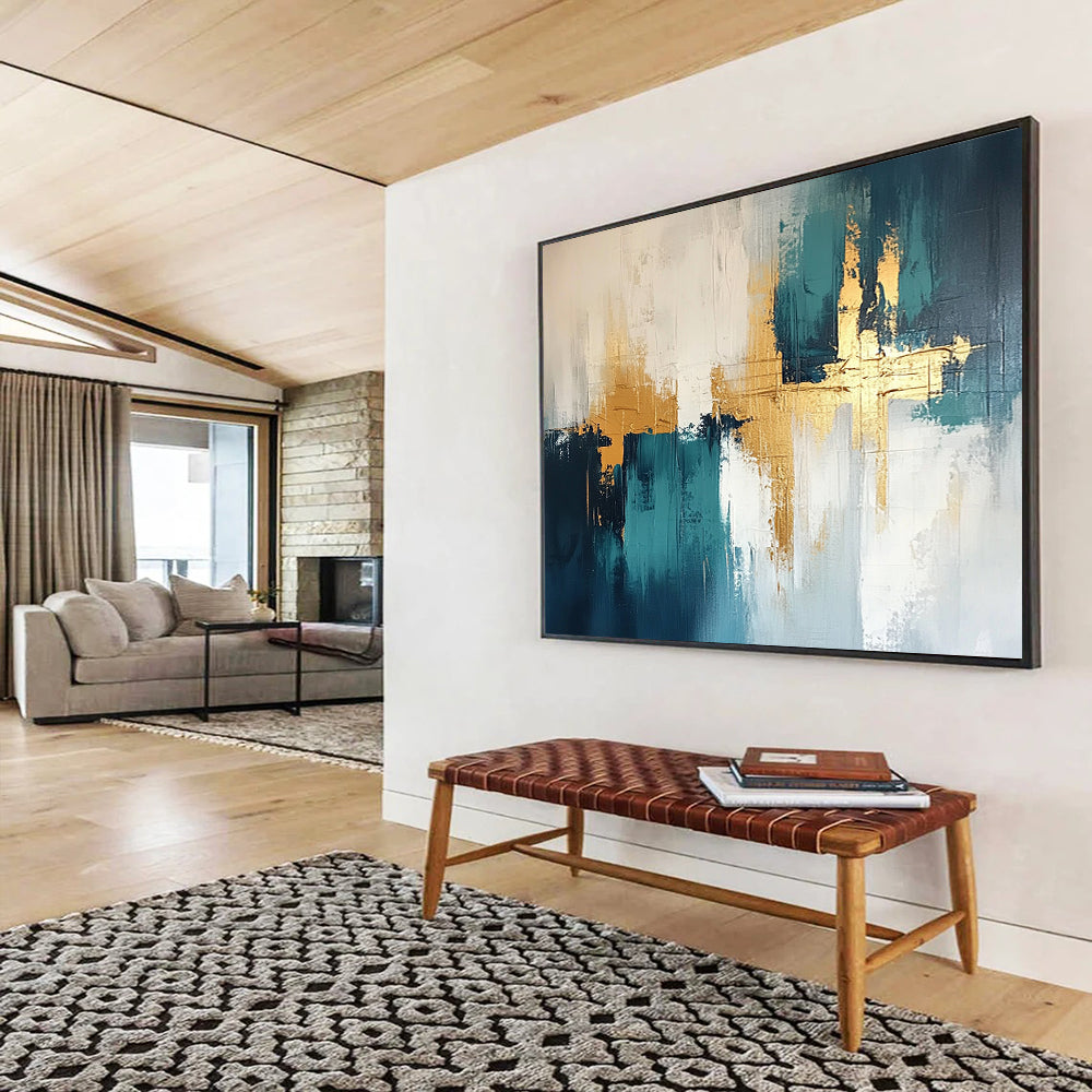 “Teal and Gold Geometric Abstract” - Teal, white, gray, gold; Geometric abstract with gold crosses; Acrylic Painting On Canvas HB1247