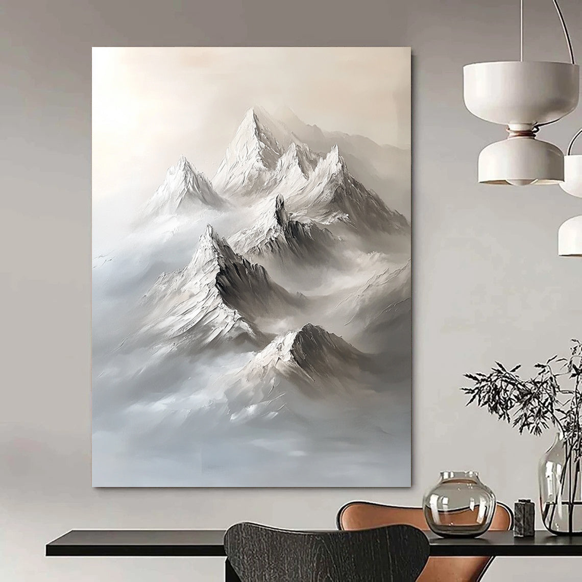 Abstract contemporary artwork featuring a large snow-capped mountain range in a minimalist gray palette with bold brushstrokes and ethereal fog. DLZ1289