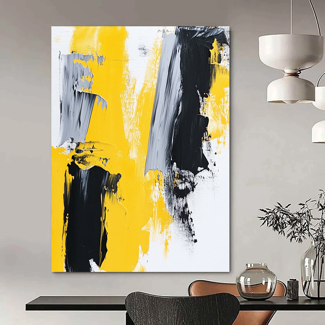 Large contemporary hand-painted abstract art featuring thick brush strokes in yellow and grey on a white background reflecting minimalism and modern expression. DLZ0774