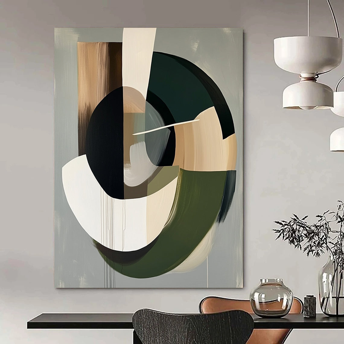 Contemporary abstract artwork features organic dark brown shapes with a grey background and soft neutral accents for a serene atmosphere. DLZ1051
